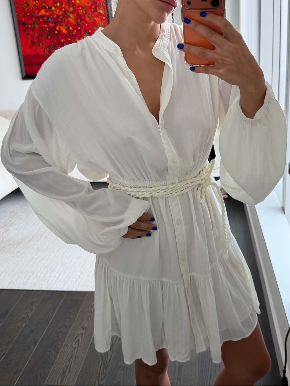 A.L.C. White Long Sleeve Tiered Mini Dress | Rope Belt | Size 4